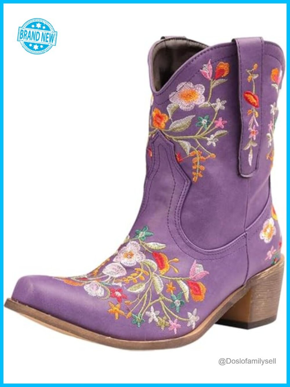 Western Floral Embroidered Pointy Toe Ankle Booties Faux Leather Slip-On